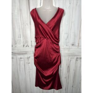 NICOLE MILLER RUCHED SIDES BODYCON RED OPEN BACK MIDI COCKTAIL DRESS STRETCH 12